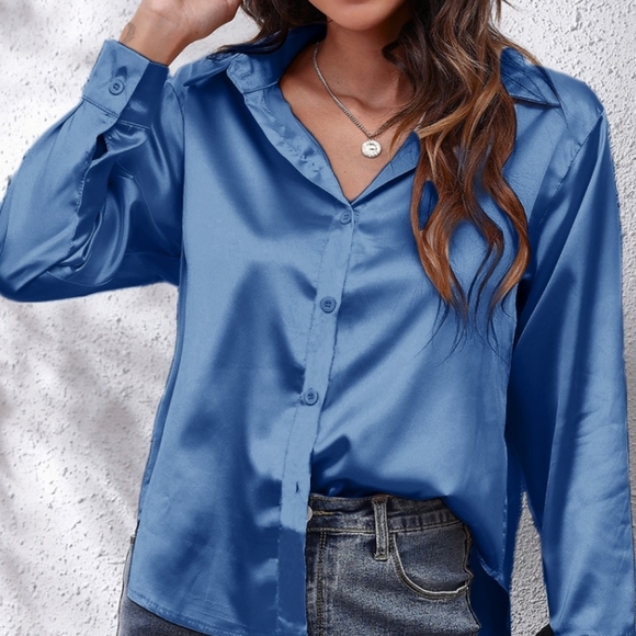 Blue Collared Neck Buttoned Long Sleeve Shirt - Picture 2 of 16
